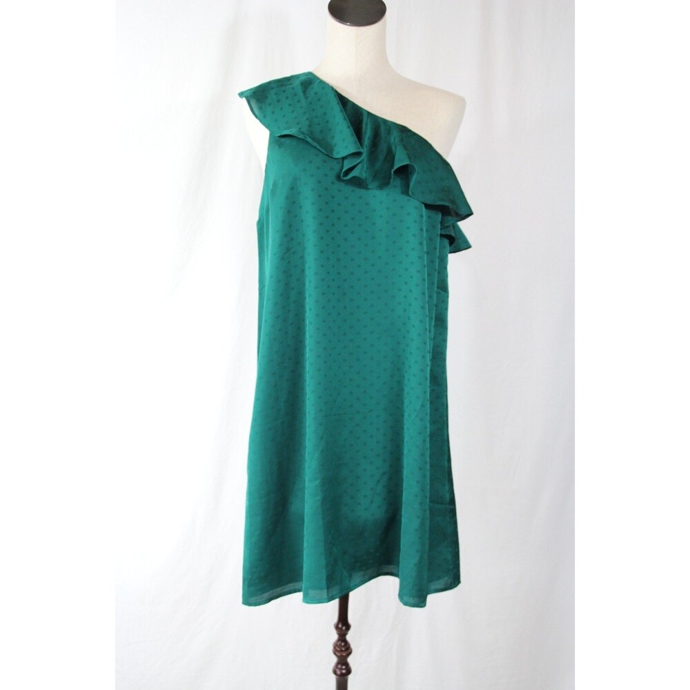 LOFT GREEN POLKA DOT ONE SHOULDER RUFFLE SHIFT DRESS SIZE: M NWT